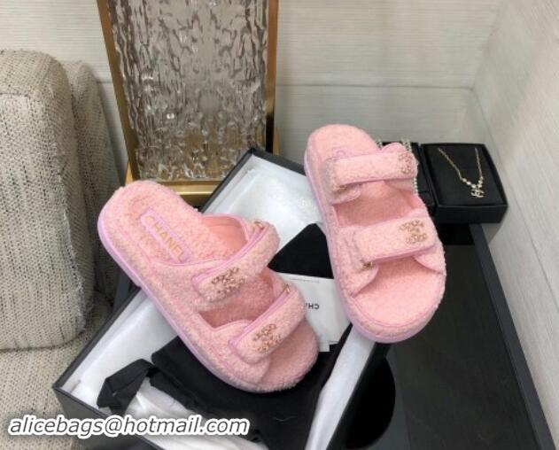 Lower Price Chanel Fur Flat Strap Slides Sandal with Chain CC Light Pink 910038