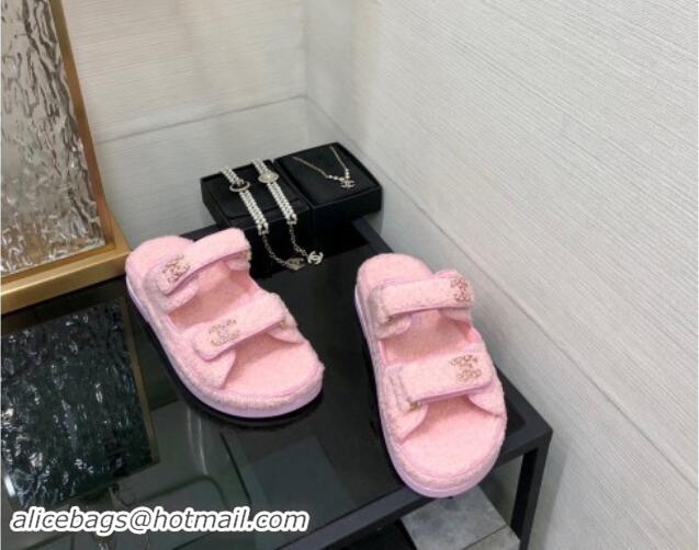 Lower Price Chanel Fur Flat Strap Slides Sandal with Chain CC Light Pink 910038