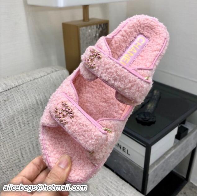 Lower Price Chanel Fur Flat Strap Slides Sandal with Chain CC Light Pink 910038