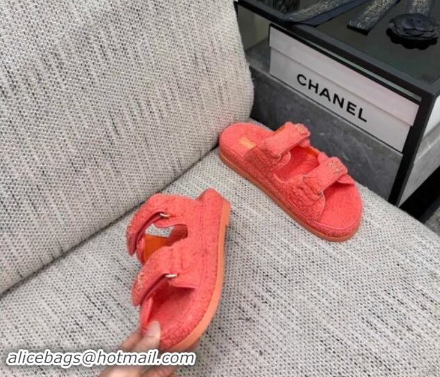 Perfect Chanel Fur Flat Strap Slides Sandal with Chain CC Orange 910039