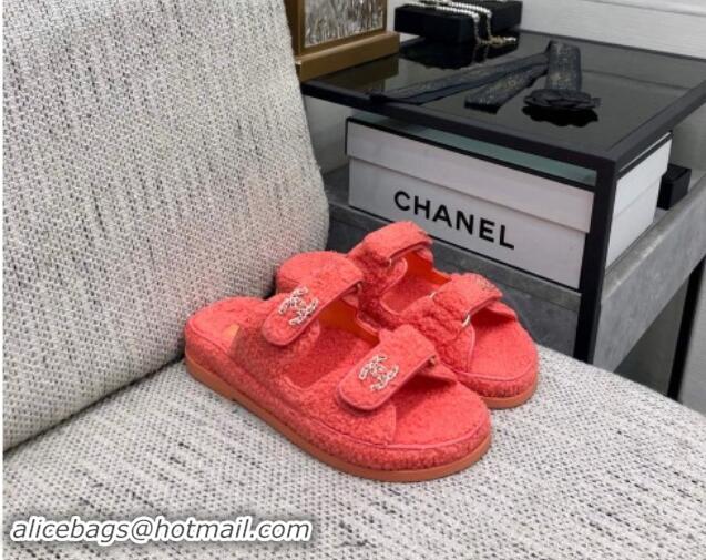 Perfect Chanel Fur Flat Strap Slides Sandal with Chain CC Orange 910039