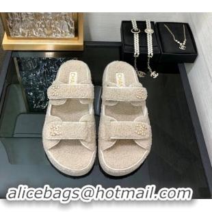 Good Product Chanel Fur Flat Strap Slides Sandal with Chain CC light Beige 910040