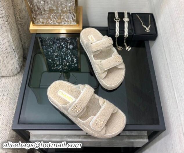 Good Product Chanel Fur Flat Strap Slides Sandal with Chain CC light Beige 910040