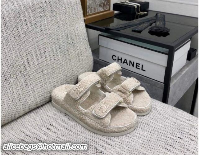 Good Product Chanel Fur Flat Strap Slides Sandal with Chain CC light Beige 910040