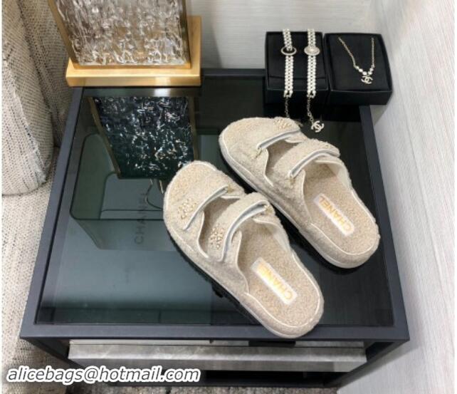 Good Product Chanel Fur Flat Strap Slides Sandal with Chain CC light Beige 910040