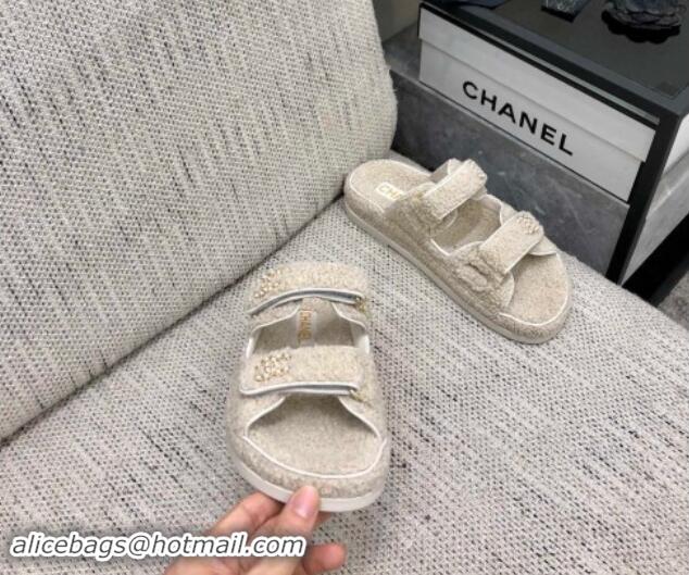 Good Product Chanel Fur Flat Strap Slides Sandal with Chain CC light Beige 910040