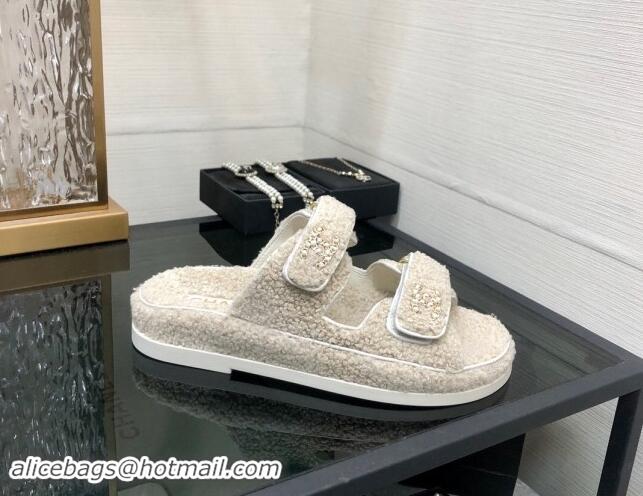 Good Product Chanel Fur Flat Strap Slides Sandal with Chain CC light Beige 910040