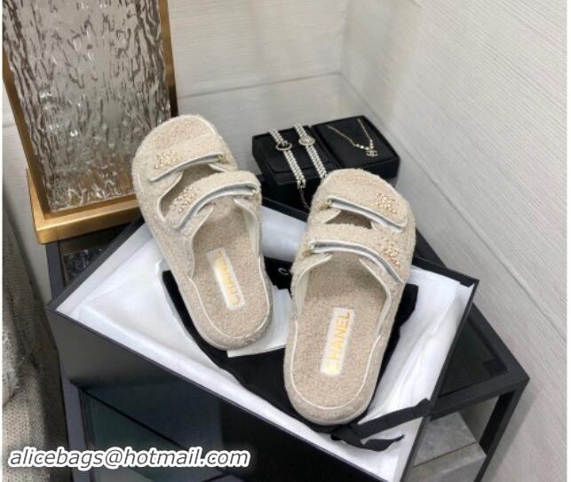 Good Product Chanel Fur Flat Strap Slides Sandal with Chain CC light Beige 910040