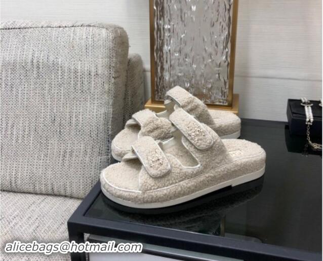 Good Product Chanel Fur Flat Strap Slides Sandal with Chain CC light Beige 910040