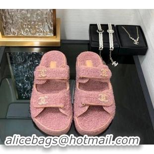 Sophisticated Chanel Fur Flat Strap Slides Sandal with Chain CC Pink 910041