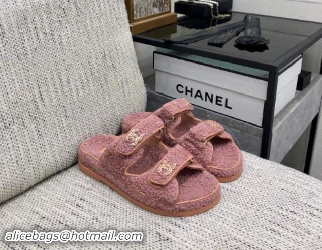 Sophisticated Chanel Fur Flat Strap Slides Sandal with Chain CC Pink 910041