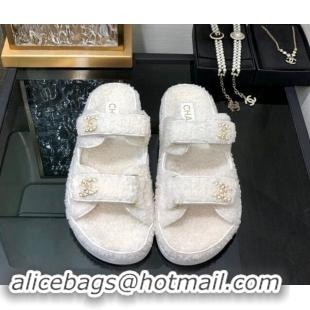 Best Grade Chanel Fur Flat Strap Slides Sandal with Chain CC White 910042