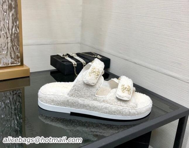 Best Grade Chanel Fur Flat Strap Slides Sandal with Chain CC White 910042