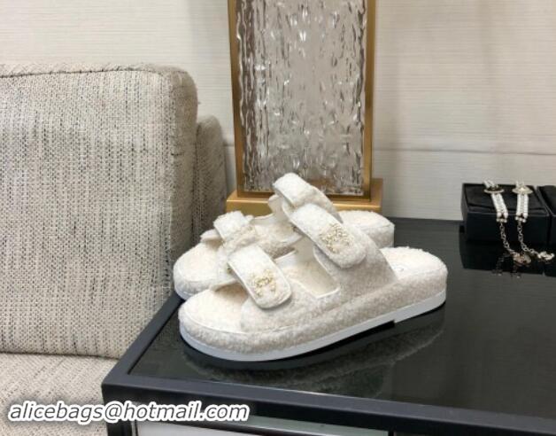 Best Grade Chanel Fur Flat Strap Slides Sandal with Chain CC White 910042