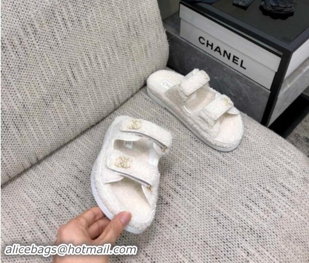 Best Grade Chanel Fur Flat Strap Slides Sandal with Chain CC White 910042