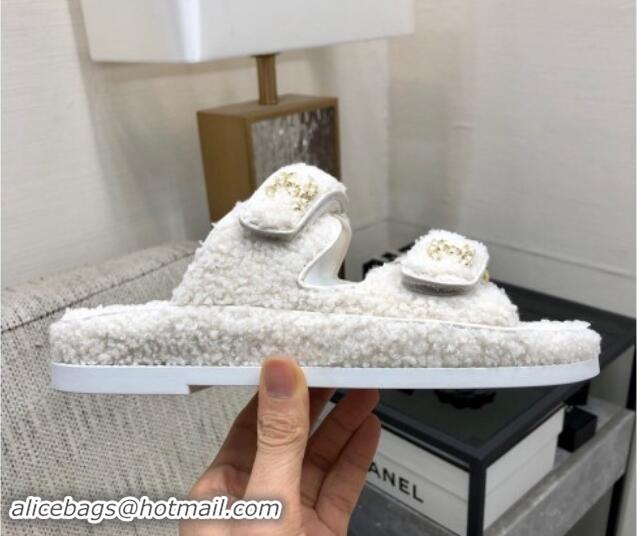 Best Grade Chanel Fur Flat Strap Slides Sandal with Chain CC White 910042