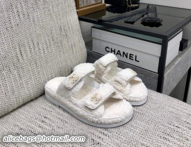 Best Grade Chanel Fur Flat Strap Slides Sandal with Chain CC White 910042