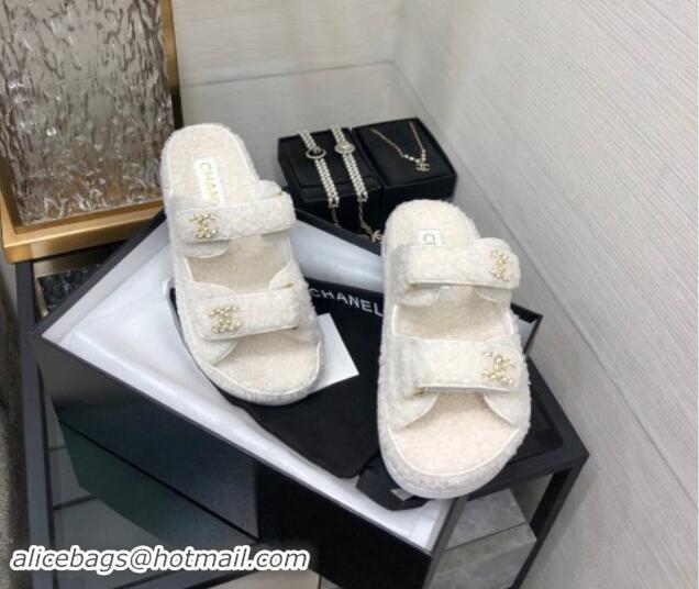 Best Grade Chanel Fur Flat Strap Slides Sandal with Chain CC White 910042