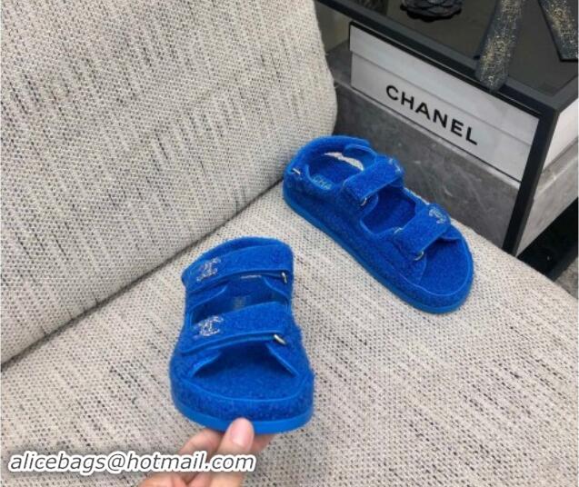 Grade Quality Chanel Fur Flat Strap Sandals with Chain CC Sky Blue 910043