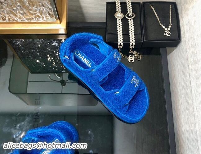 Grade Quality Chanel Fur Flat Strap Sandals with Chain CC Sky Blue 910043