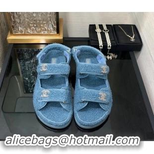 Low Price Chanel Fur Flat Strap Sandals with Chain CC Light Blue 910044