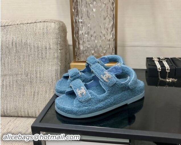 Low Price Chanel Fur Flat Strap Sandals with Chain CC Light Blue 910044