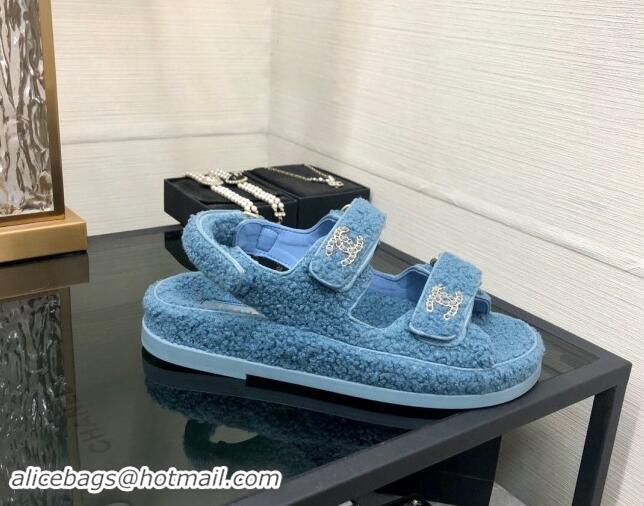 Low Price Chanel Fur Flat Strap Sandals with Chain CC Light Blue 910044