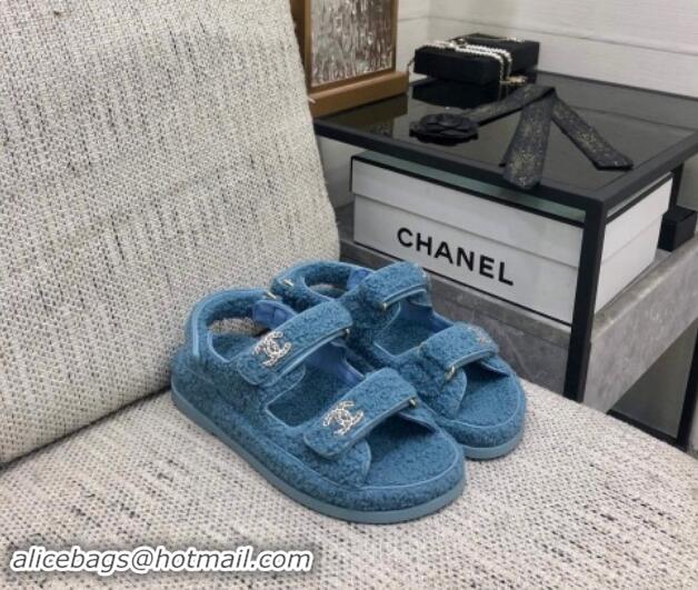 Low Price Chanel Fur Flat Strap Sandals with Chain CC Light Blue 910044