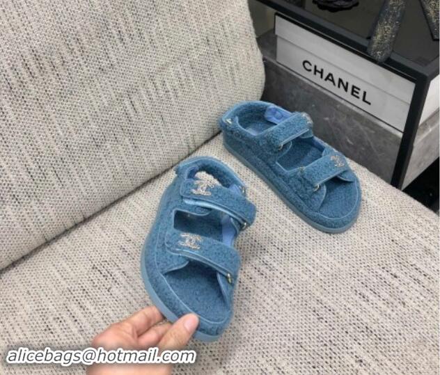 Low Price Chanel Fur Flat Strap Sandals with Chain CC Light Blue 910044