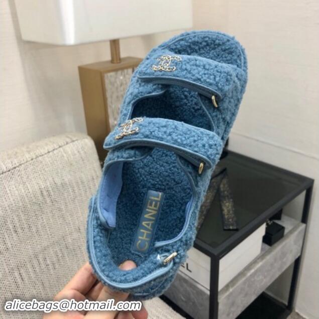 Low Price Chanel Fur Flat Strap Sandals with Chain CC Light Blue 910044