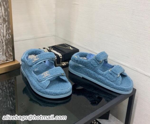 Low Price Chanel Fur Flat Strap Sandals with Chain CC Light Blue 910044