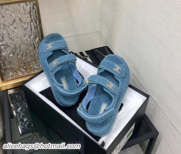 Low Price Chanel Fur Flat Strap Sandals with Chain CC Light Blue 910044