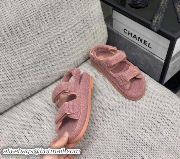 Top Grade Chanel Fur Flat Strap Sandals with Chain CC Pink 910045