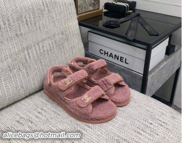 Top Grade Chanel Fur Flat Strap Sandals with Chain CC Pink 910045