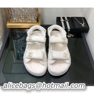 Good Looking Chanel Fur Flat Strap Sandals with Chain CC White 910047