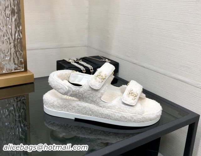 Good Looking Chanel Fur Flat Strap Sandals with Chain CC White 910047