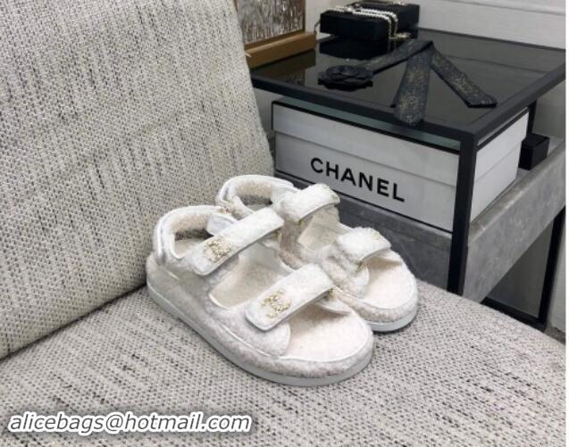 Good Looking Chanel Fur Flat Strap Sandals with Chain CC White 910047