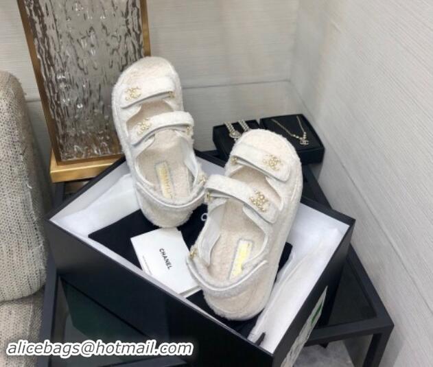 Good Looking Chanel Fur Flat Strap Sandals with Chain CC White 910047