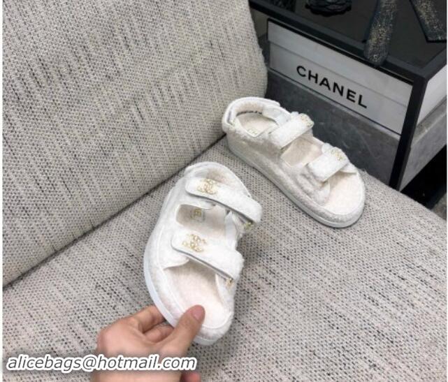 Good Looking Chanel Fur Flat Strap Sandals with Chain CC White 910047