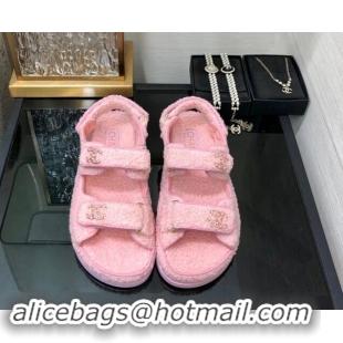 Unique Style Chanel Fur Flat Strap Sandals with Chain CC Light Pink 910046