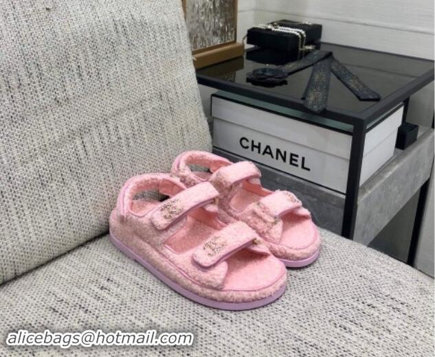 Unique Style Chanel Fur Flat Strap Sandals with Chain CC Light Pink 910046