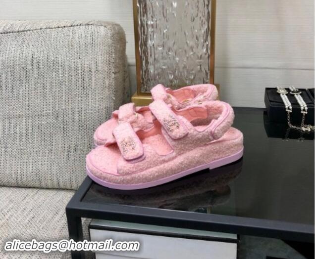 Unique Style Chanel Fur Flat Strap Sandals with Chain CC Light Pink 910046