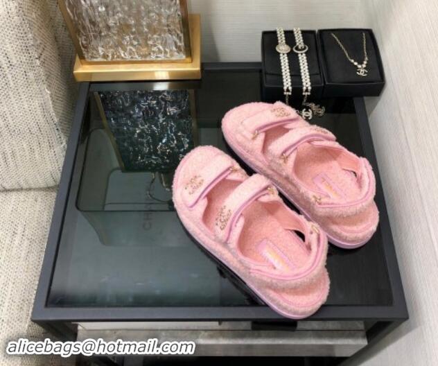 Unique Style Chanel Fur Flat Strap Sandals with Chain CC Light Pink 910046