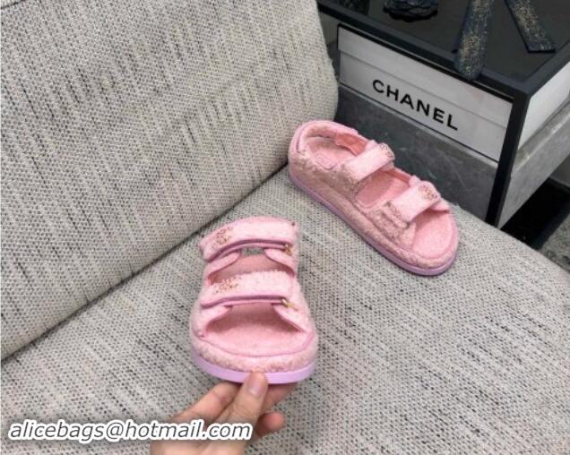 Unique Style Chanel Fur Flat Strap Sandals with Chain CC Light Pink 910046