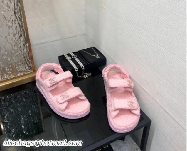 Unique Style Chanel Fur Flat Strap Sandals with Chain CC Light Pink 910046