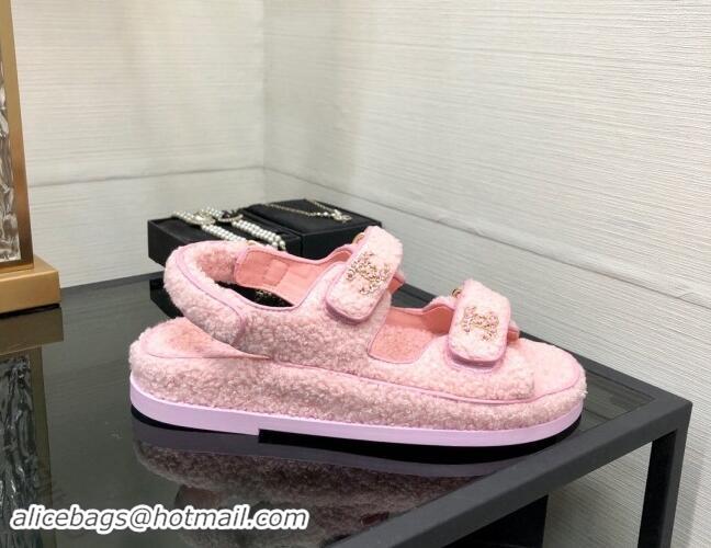 Unique Style Chanel Fur Flat Strap Sandals with Chain CC Light Pink 910046