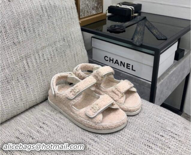 Pretty Style Chanel Fur Flat Strap Sandals with Chain CC Light Beige 910048