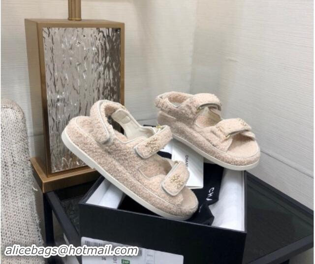 Pretty Style Chanel Fur Flat Strap Sandals with Chain CC Light Beige 910048