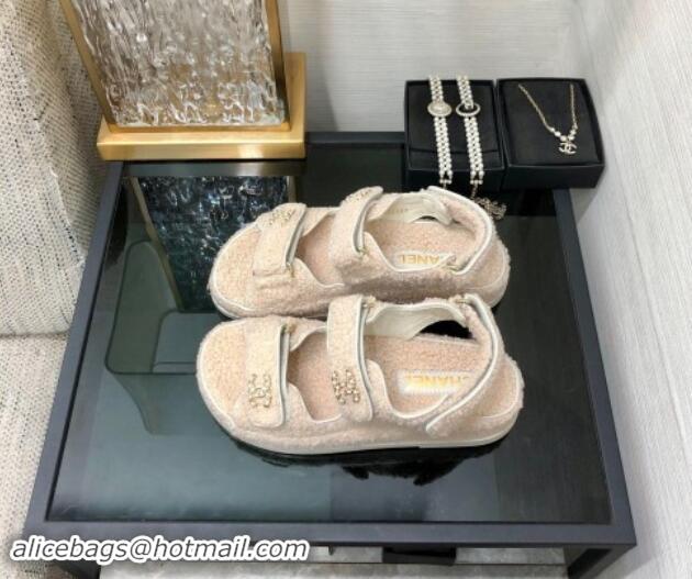 Pretty Style Chanel Fur Flat Strap Sandals with Chain CC Light Beige 910048