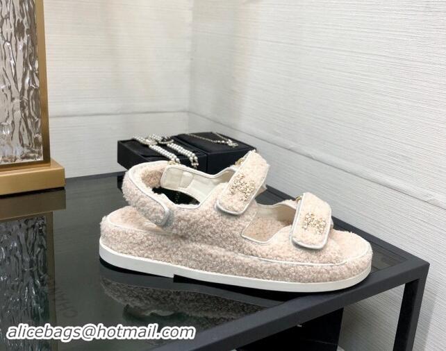 Pretty Style Chanel Fur Flat Strap Sandals with Chain CC Light Beige 910048